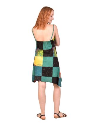 Krátke šaty na ramienka, farebný patchwork, asymetrické, bavlnený úplet