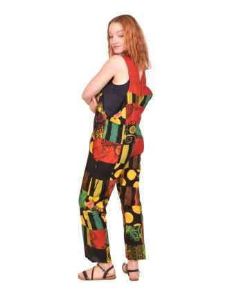 Nohavice s trakmi, vrecká, multifarebný patchwork, bavlnené plátno