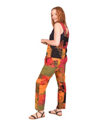 Nohavice s trakmi, vrecká, multifarebný patchwork, bavlnené plátno