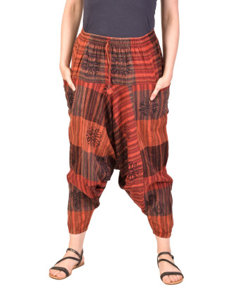 Turecké nohavice, farebné s vreckami, patchwork potlač, indické symboly a prúžky