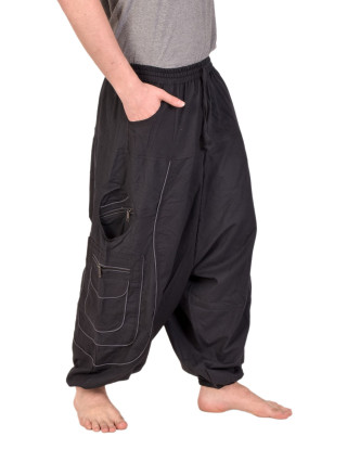 Turecké nohavice, čierno-šedé s vreckami, lemovanie a výšivka, unisex