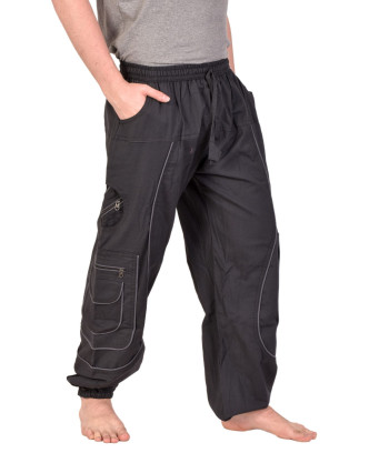 Nohavice balónové, čierno-šedé s vreckami, lemovanie a výšivka, unisex