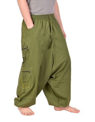Turecké nohavice, khaki zelené s vreckami, lemovanie a výšivka, unisex