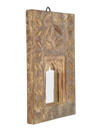 Drevený rám z teakového dreva so zrkadlom, ručné rezby, 19x3x31cm