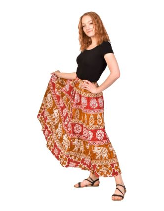 Dlhá sukňa, v páse na gumu, červeno-hnedá, indická potlač