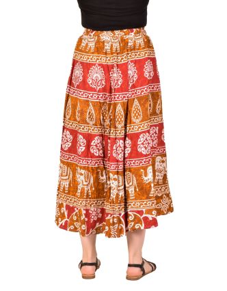 Dlhá sukňa, v páse na gumu, červeno-hnedá, indická potlač