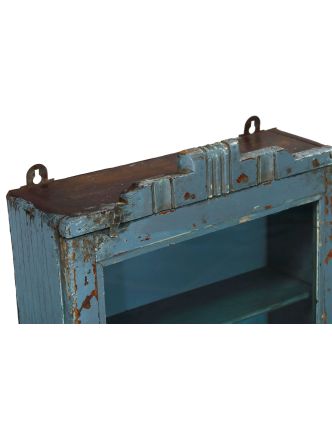 Presklená skrinka z teakového dreva, šedo-modrá patina, 45x15x93cm