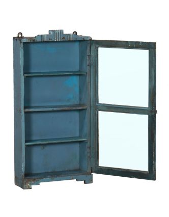 Presklená skrinka z teakového dreva, šedo-modrá patina, 45x15x93cm