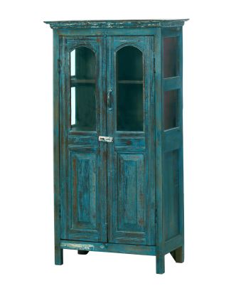 Presklená skrinka z teakového dreva, modrá patina, 74x43x139cm