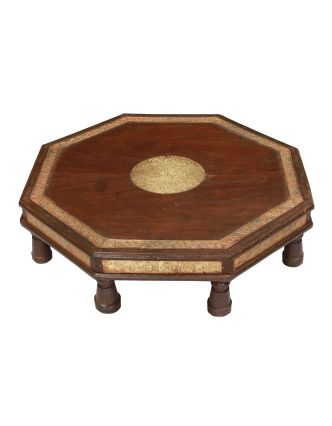 Čajový stolík z teakového dreva, mosadzné kovanie, 75x75x20cm