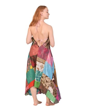 Dlhé šaty na ramienka z recyklovaných sárí, patchwork, každý kus originál