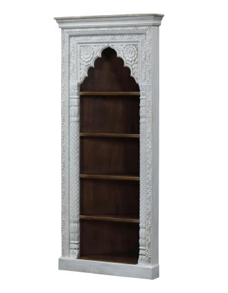 Rohová knižnica z mangového dreva, ručné rezby, 95x55x205cm