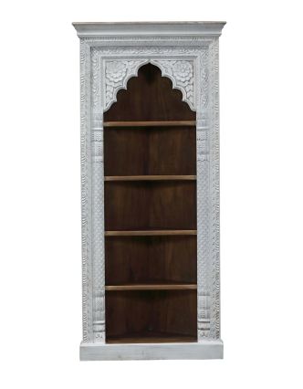 Rohová knižnica z mangového dreva, ručné rezby, 95x55x205cm