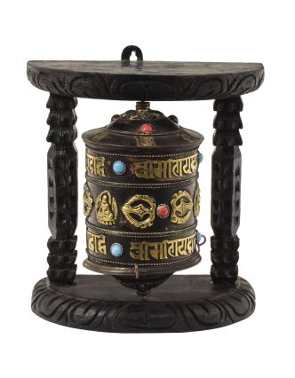 Modlitebný mlynček na stenu, mantra, dorje, čierny, 18x11x19cm