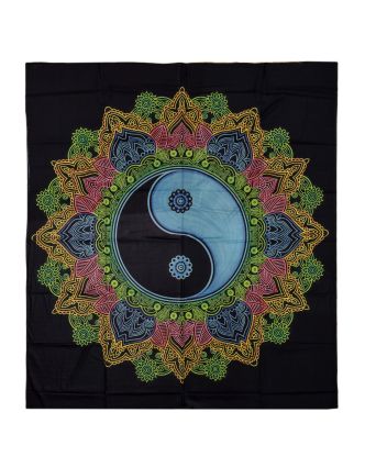 Prikrývka na posteľ, potlač farebné Mandaly Jing-Jang na čierne 210x230cm
