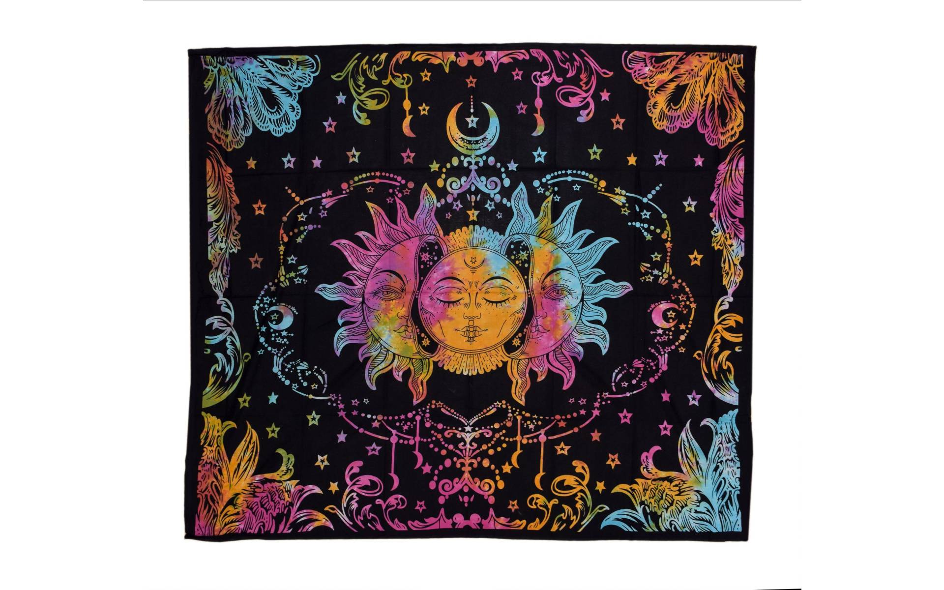 Prikrývka na posteľ s potlačou slnka a mesiaca, farebná batika 210x230cm