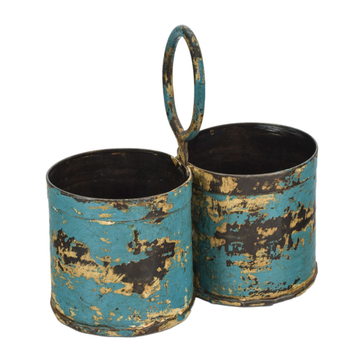 Závesný plechový kvetináč, dvojitý, modrá patina, 22x11x21cm