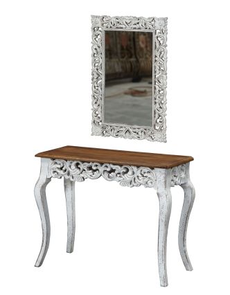 Toaletný stolík z mangového dreva a zrkadlo, biela patina, 94x40x77cm