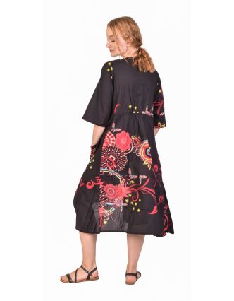 Trojštvrťové šaty, čierne s kvetinovou potlačou a vreckami