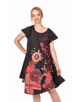 Trojštvrťové voľné letné šaty, čierne s kvetinovou potlačou
