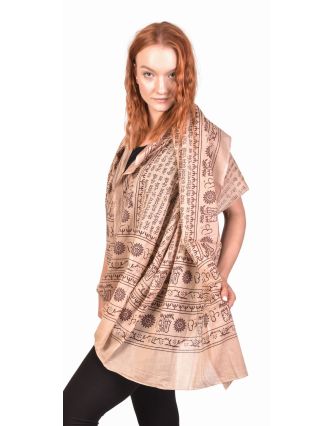 Sárong s potlačou mantry, béžová a hnedá potlač, z bavlny 110x170cm