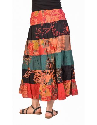 Dlhá farebná patchworková sukňa s potlačou, žabičkovanie v páse