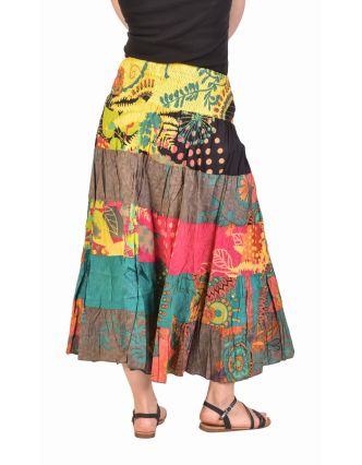 Dlhá farebná patchworková sukňa s potlačou, žabičkovanie v páse
