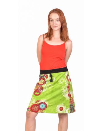 Krátka zelená sukňa s farebnou potlačou, elastický pás a šnúrka