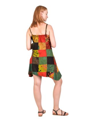 Krátke šaty na ramienka, farebný patchwork, asymetrické, bavlnený úplet