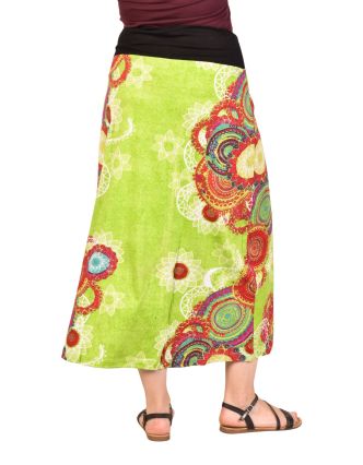 Dlhá zelená sukňa s farebnou potlačou, elastický pás a šnúrka
