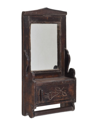 Staré zrkadlo s poličkou z teakového dreva, 21x10x42cm