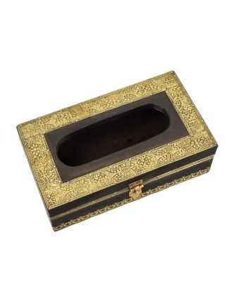 Krabička na vreckovky, drevená, zdobená mosadzným plechom, 23x13x8cm