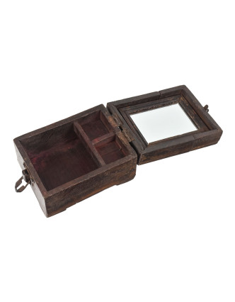 Šperkovnica so zrkadielkom z teakového dreva, starožitná, 13x16x11cm