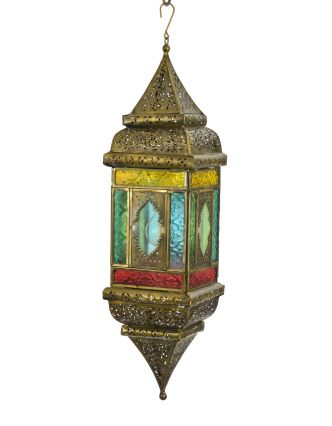 Arabská lampa, multifarebná, mosadzná patina, sklo, ručné práce, 13x13x50cm
