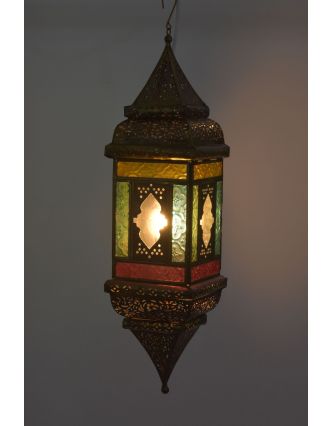 Arabská lampa, multifarebná, mosadzná patina, sklo, ručné práce, 13x13x50cm