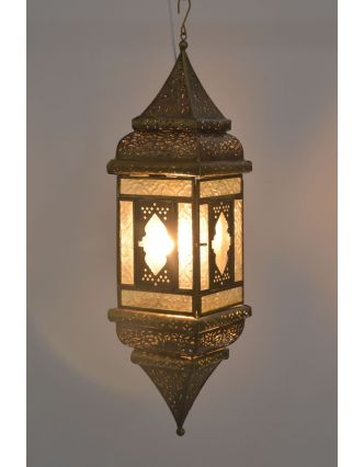 Arabská lampa, biela, mosadzná patina, sklo, ručné práce, 13x13x50cm