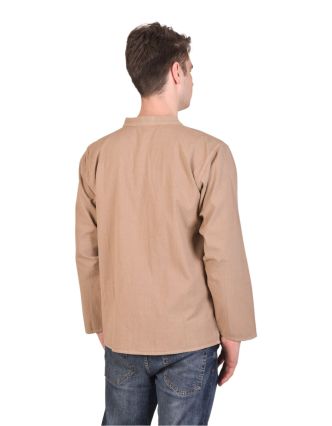 Hnedá pánska košeľa-kurta s dlhým rukávom a vreckom, celorozopínacia