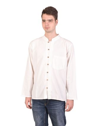 Biela pánska košeľa-kurta s dlhým rukávom a vreckom, celorozopínacia