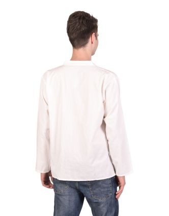 Biela pánska košeľa-kurta s dlhým rukávom a vreckom, celorozopínacia