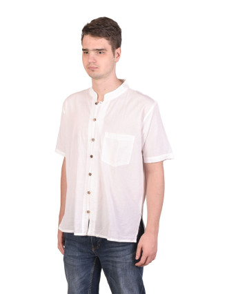 Biela pánska košeľa-kurta s krátkym rukávom a vreckom, 3 gombíky