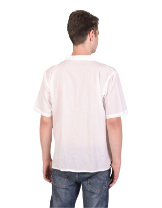 Biela pánska košeľa-kurta s krátkym rukávom a vreckom, 3 gombíky
