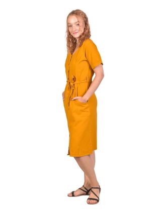 Letné žlté šaty s krátkym rukávom, midi dĺžka, vrecká, zapínacie s opaskom