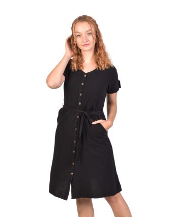 Letné čierne šaty s krátkym rukávom, midi dĺžka, vrecká, zapínacie s opaskom