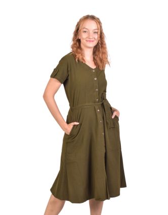 Letné zelené šaty s krátkym rukávom, midi dĺžka, vrecká, zapínacie s opaskom