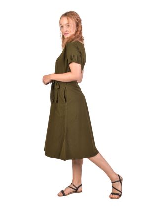 Zelené šaty s krátkym rukávom, midi dĺžka, vrecká, zapínacie s opaskom