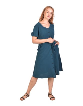 Letné modré šaty s krátkym rukávom, midi dĺžka, vrecká, zapínacie s opaskom