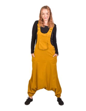 Turecké nohavice s trakmi medovo žlté, veľmi nízky sed, vrecká a gombíky