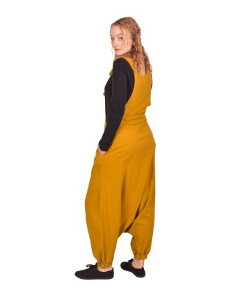 Turecké nohavice s trakmi medovo žlté, veľmi nízky sed, vrecká a gombíky