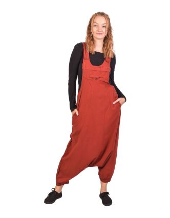 Turecké nohavice s trakmi červené, veľmi nízky sed, vrecká a gombíky