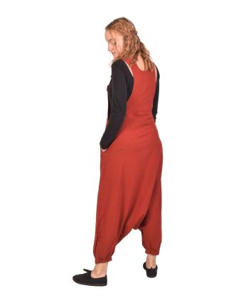 Turecké nohavice s trakmi červené, veľmi nízky sed, vrecká a gombíky